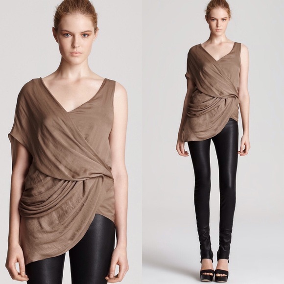 Helmut Lang Asymmetrical Draped V-Neck Tan Blouse - Picture 1 of 8